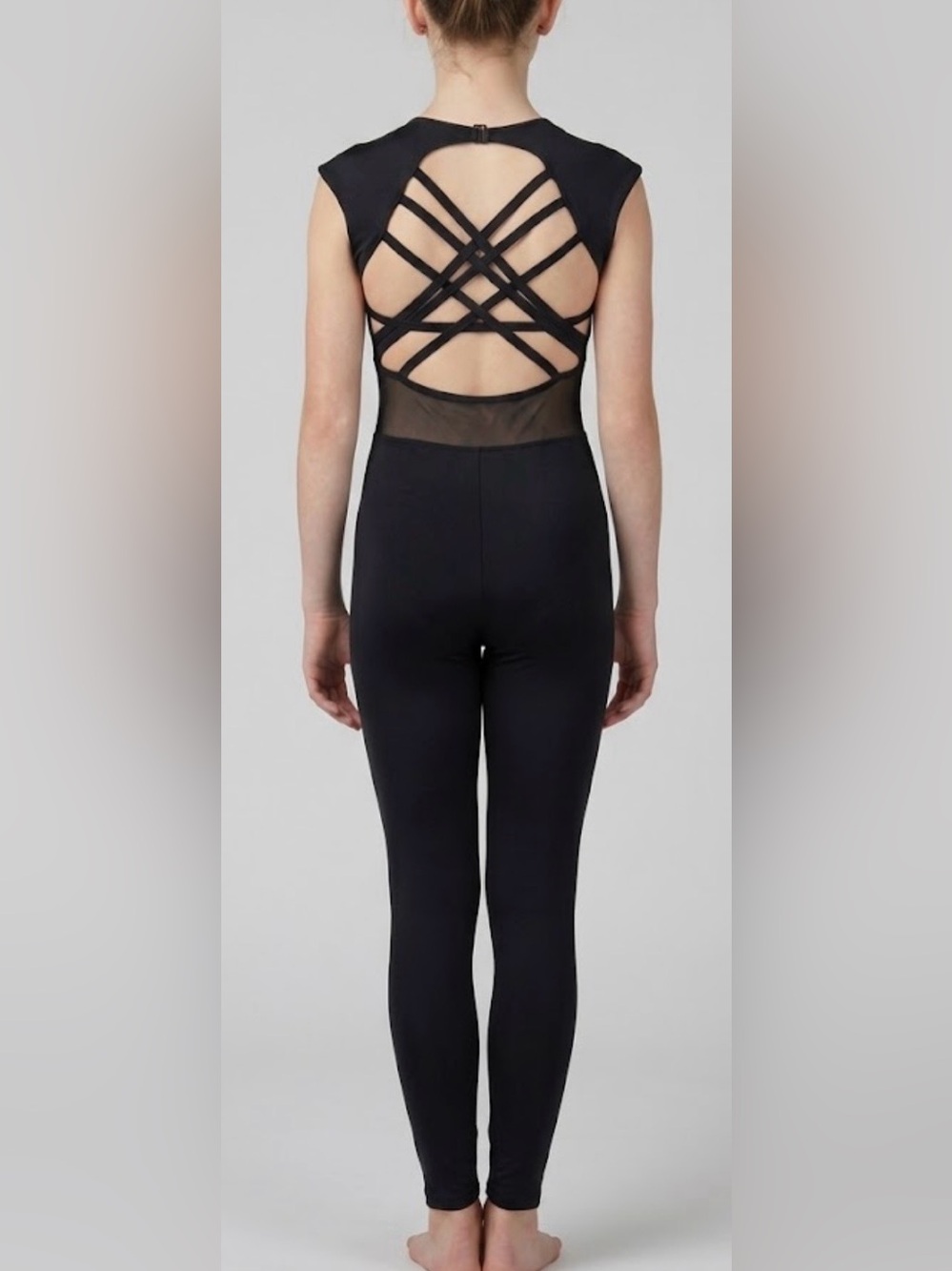 Black Strappy Mesh Cutout Dance Gymnastics Recital Jumpsuit Bodysuit S/M